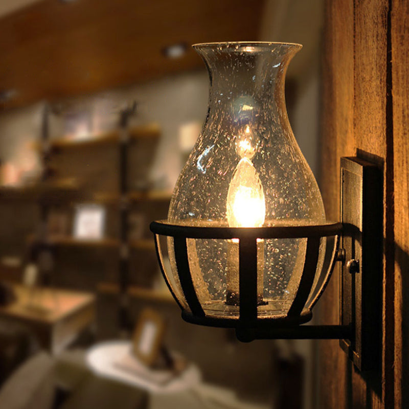 Industrial Black Wall Sconce Lighting With Seeded Glass Bottle Shade - Perfect For Living Room