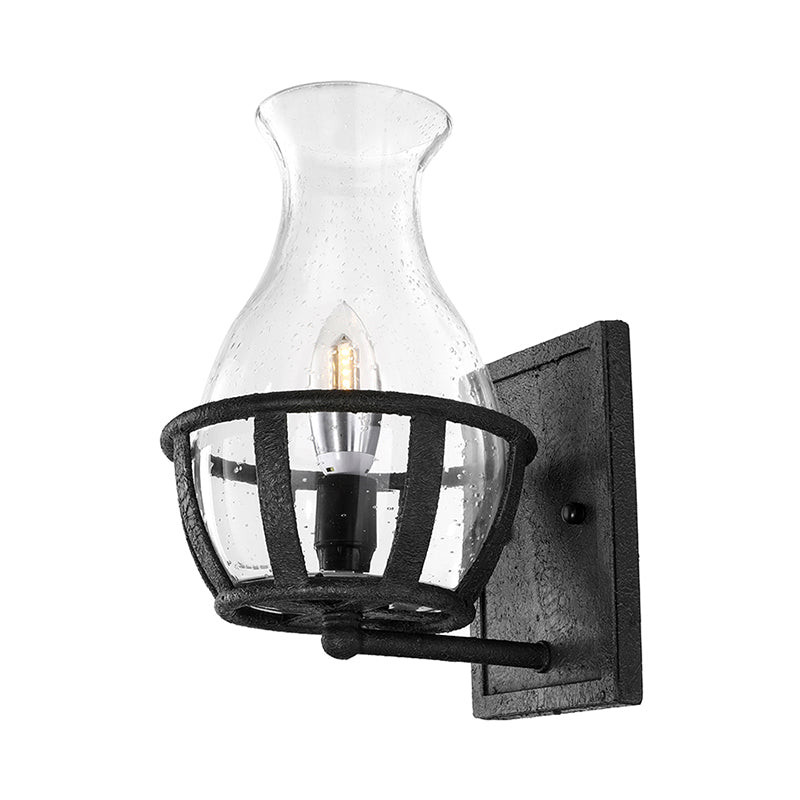 Industrial Black Wall Sconce Lighting With Seeded Glass Bottle Shade - Perfect For Living Room