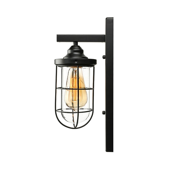 Industrial Black Clear Glass Wall Mounted Light Fixture With Cage - 1 Bulb