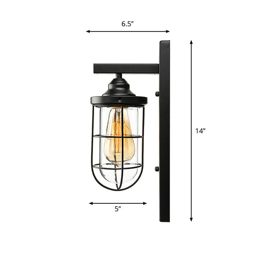 Industrial Black Clear Glass Wall Mounted Light Fixture With Cage - 1 Bulb