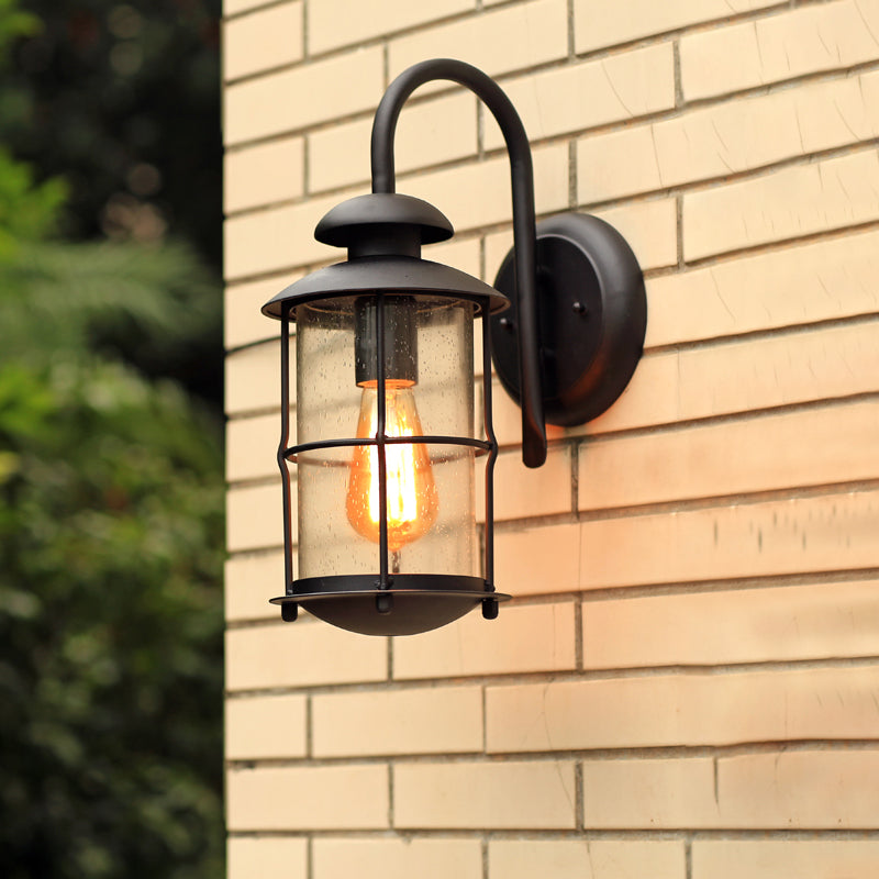 Black Seeded Glass Wall Sconce With Cage - Traditional 1-Light Fixture