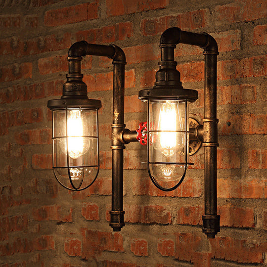 Nautical Wire Frame Sconce Light With Clear Glass Shade And Valve - 2 Bulb Iron Wall Lighting In