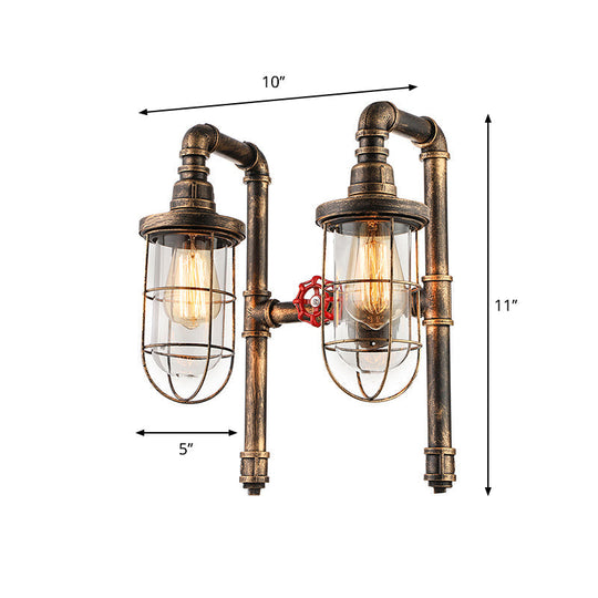 Nautical Wire Frame Sconce Light With Clear Glass Shade And Valve - 2 Bulb Iron Wall Lighting In