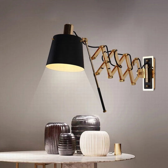 Retro Metallic Wall Lamp: Extendable Black & Gold Barrel Shade 1 Head Fixture Black-Gold