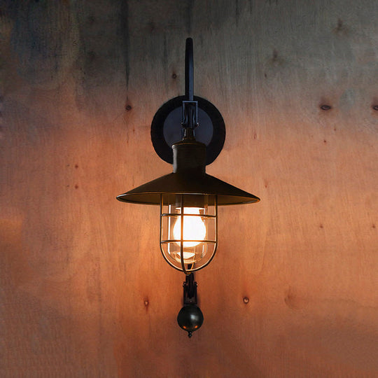 Industrial Sconce Light With Adjustable Pulley - Black Finish Clear Glass And Caged Design