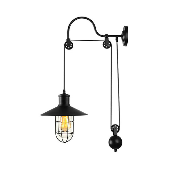 Industrial Sconce Light With Adjustable Pulley - Black Finish Clear Glass And Caged Design