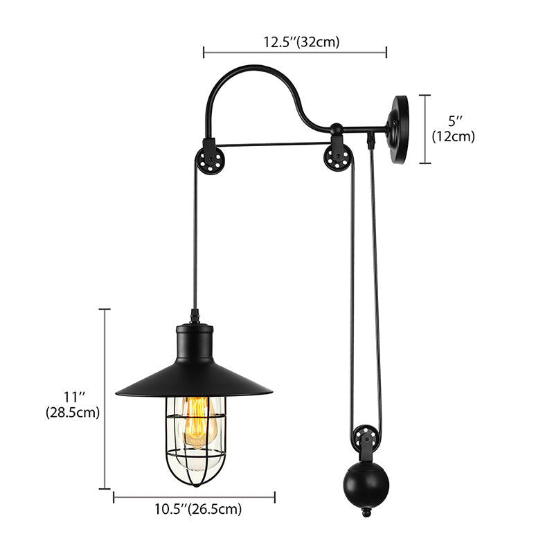 Industrial Sconce Light With Adjustable Pulley - Black Finish Clear Glass And Caged Design