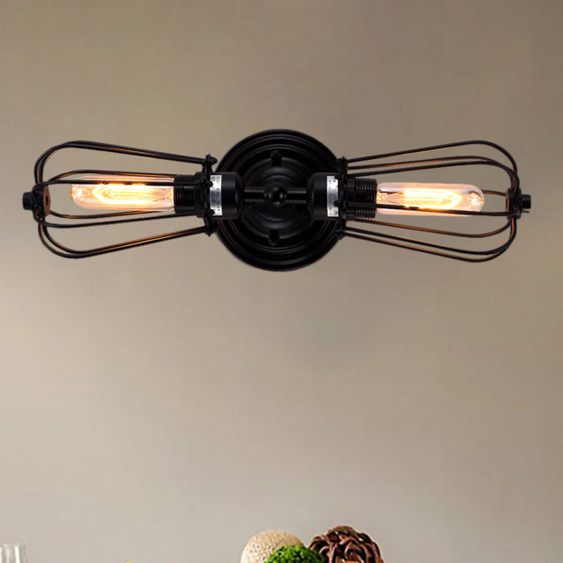 Antique Style Black/Bronze Caged Sconce Light - 2-Light Wrought Iron Mini Wall Lamp For Dining Room