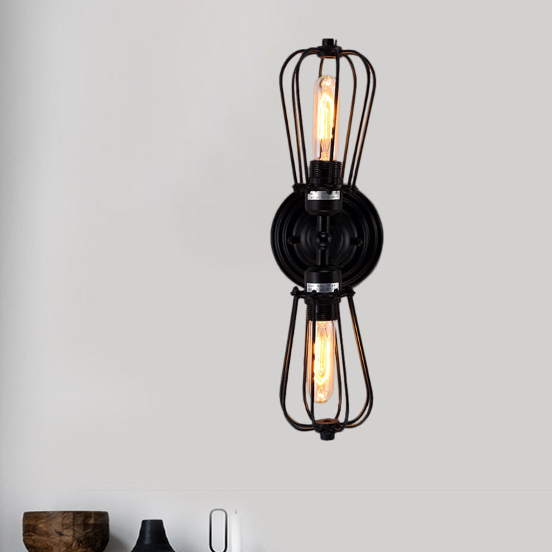 Antique Style Black/Bronze Caged Sconce Light - 2-Light Wrought Iron Mini Wall Lamp For Dining Room