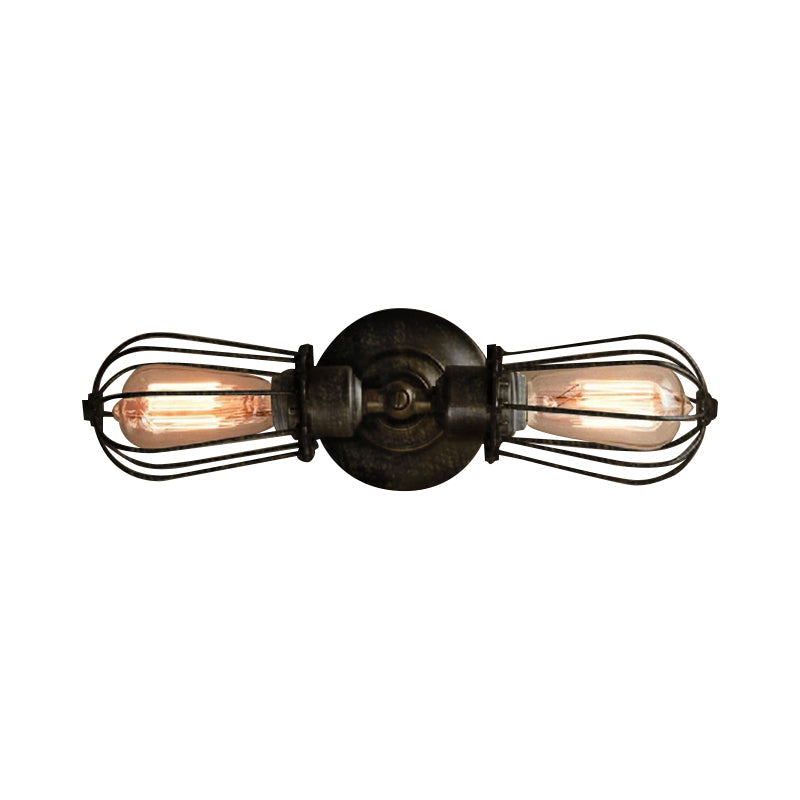 Antique Style Black/Bronze Caged Sconce Light - 2-Light Wrought Iron Mini Wall Lamp For Dining Room