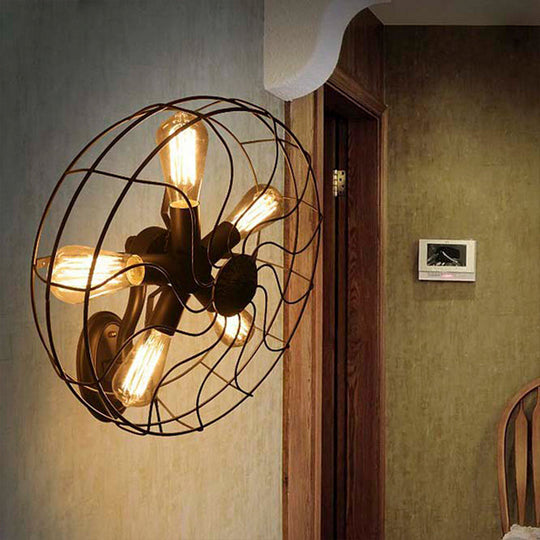 Industrial Black Wire Frame Wall Sconce With Fan Design - 5 Lights Metal Corridor Mount
Or
Black