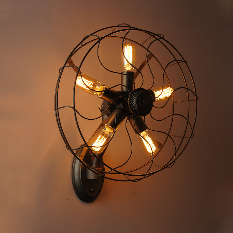 Industrial Black Wire Frame Wall Sconce With Fan Design - 5 Lights Metal Corridor Mount
Or
Black