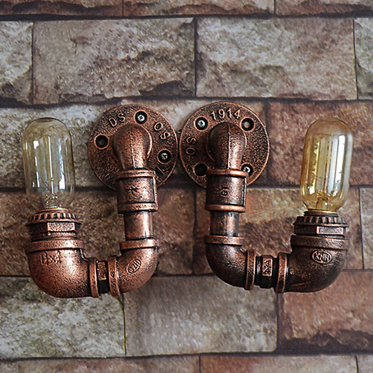 Rustic Stylish Plumbing Pipe Metal Wall Lighting In Weathered Copper - 1-Light Mount With Exposed