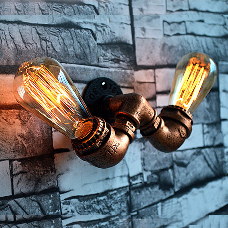 Rustic Copper Finish Wall Sconce With Water Pipe Design - 2 Bulbs Stylish Metal Mount Light For