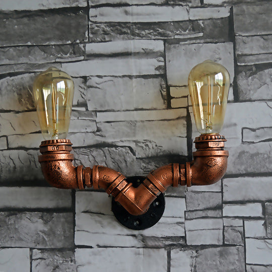 Rustic Copper Finish Wall Sconce With Water Pipe Design - 2 Bulbs Stylish Metal Mount Light For