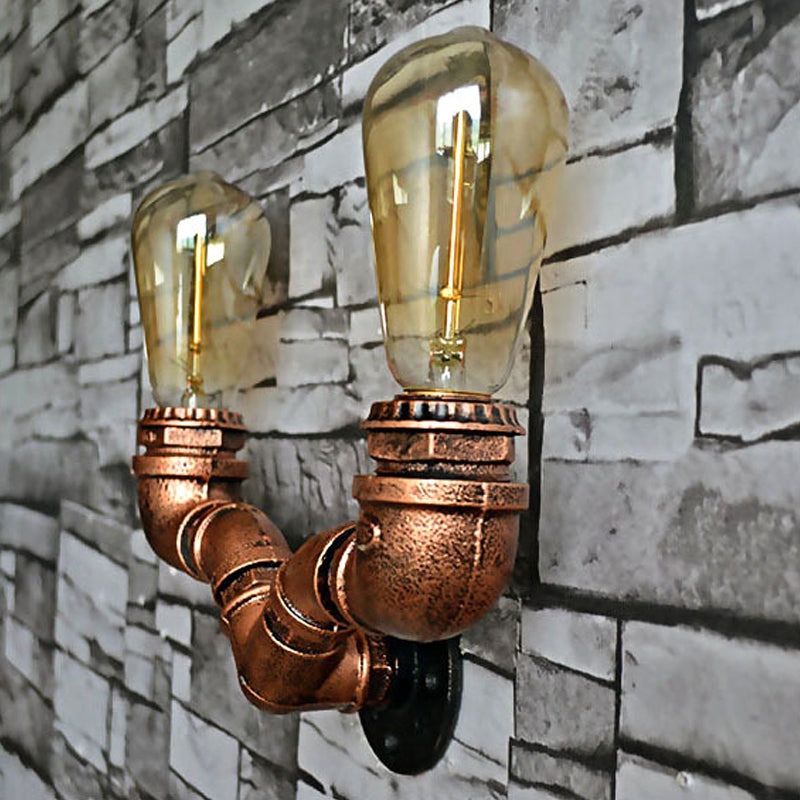 Rustic Copper Finish Wall Sconce With Water Pipe Design - 2 Bulbs Stylish Metal Mount Light For