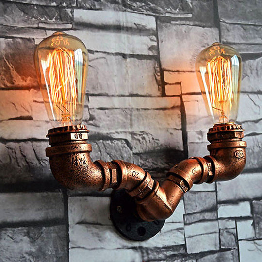 Rustic Copper Finish Wall Sconce With Water Pipe Design - 2 Bulbs Stylish Metal Mount Light For