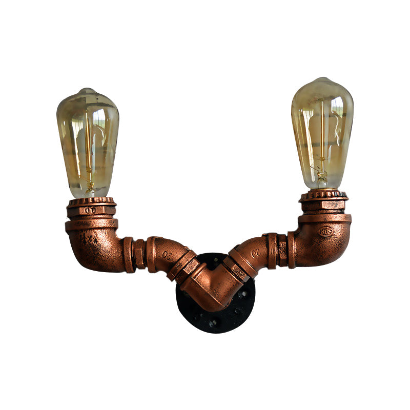 Rustic Copper Finish Wall Sconce With Water Pipe Design - 2 Bulbs Stylish Metal Mount Light For