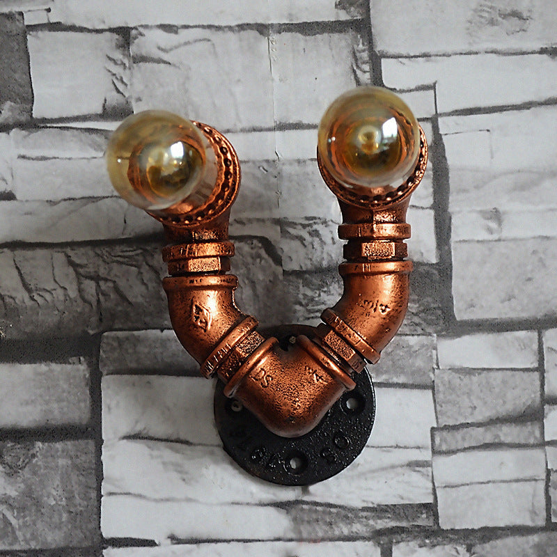 Rustic Copper Finish Wall Sconce With Water Pipe Design - 2 Bulbs Stylish Metal Mount Light For