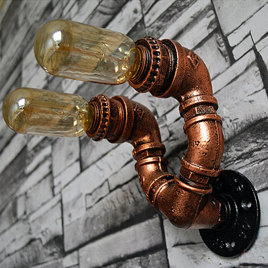 Rustic Copper Finish Wall Sconce With Water Pipe Design - 2 Bulbs Stylish Metal Mount Light For