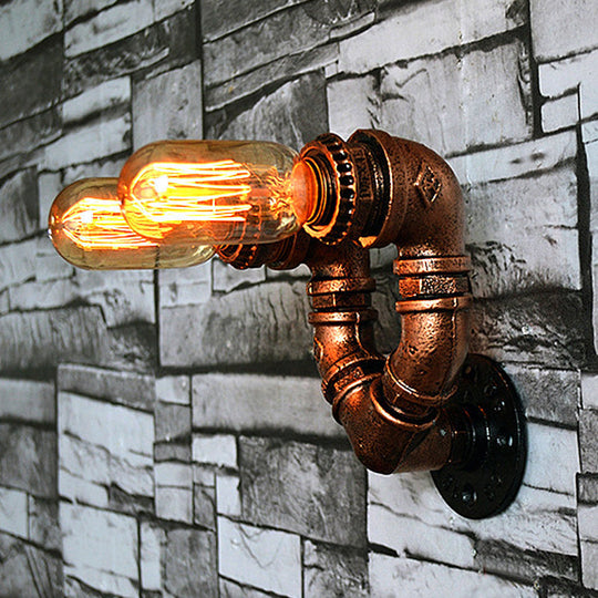 Rustic Copper Finish Wall Sconce With Water Pipe Design - 2 Bulbs Stylish Metal Mount Light For