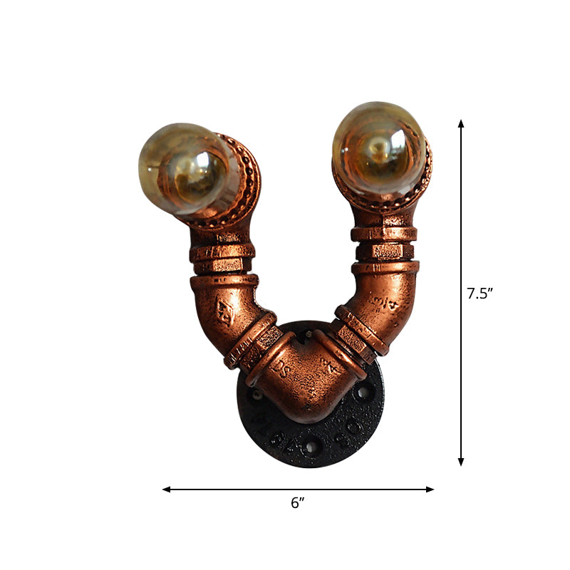 Rustic Copper Finish Wall Sconce With Water Pipe Design - 2 Bulbs Stylish Metal Mount Light For