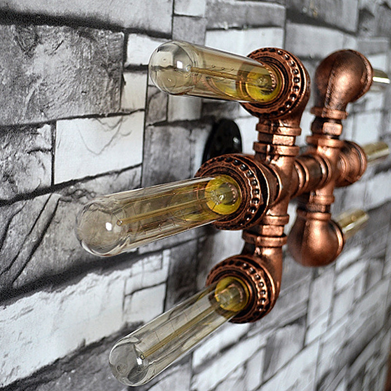 Rustic Weathered Copper Wall Sconce Lamp - Expose Bulb With Pipe Design 2/3/4 Heads Wrought Iron