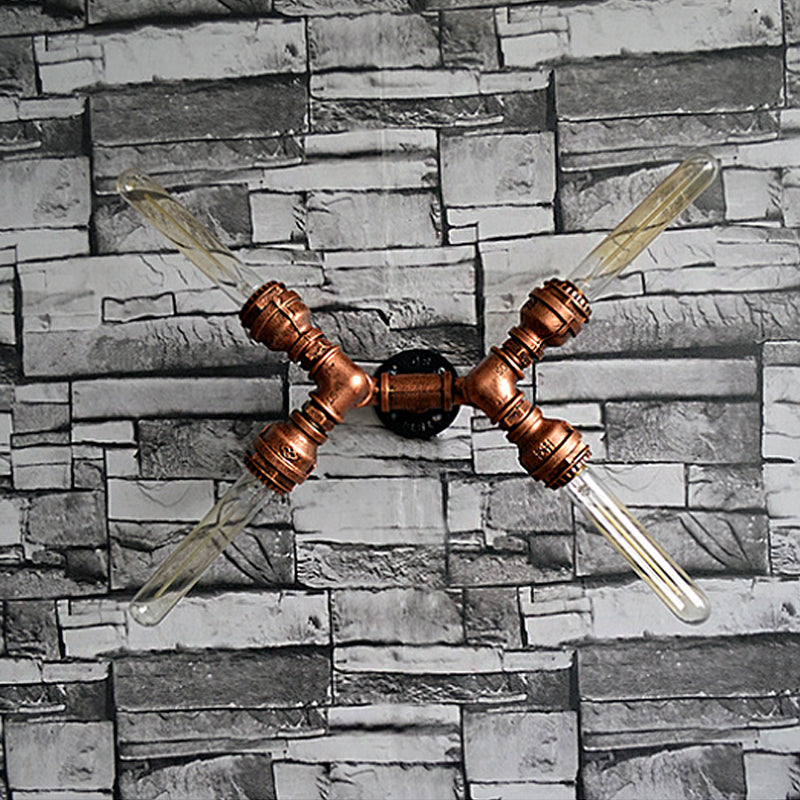 Rustic Weathered Copper Wall Sconce Lamp - Expose Bulb With Pipe Design 2/3/4 Heads Wrought Iron