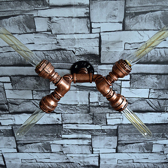 Rustic Weathered Copper Wall Sconce Lamp - Expose Bulb With Pipe Design 2/3/4 Heads Wrought Iron