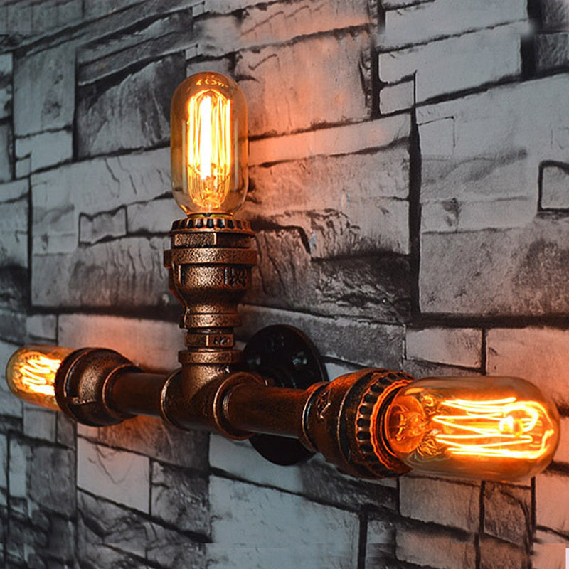 Rustic Weathered Copper Wall Sconce Lamp - Expose Bulb With Pipe Design 2/3/4 Heads Wrought Iron