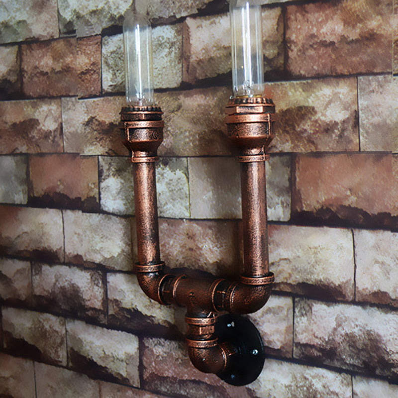 Rustic Weathered Copper Wall Sconce Lamp - Expose Bulb With Pipe Design 2/3/4 Heads Wrought Iron