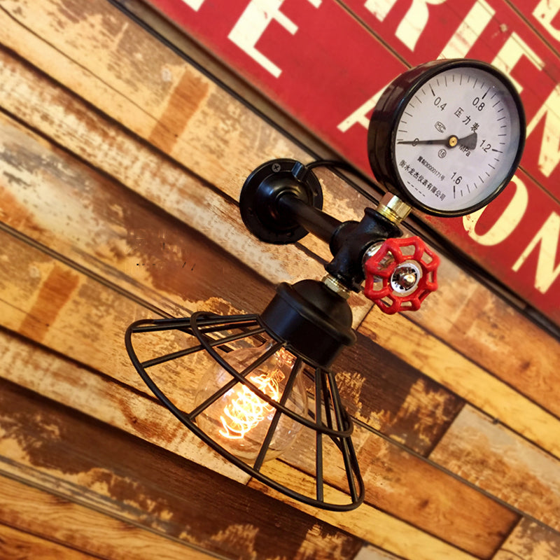 Industrial Metal Wall Sconce With Cone Cage And Pressure Gauge - Black Coffee Shop Light