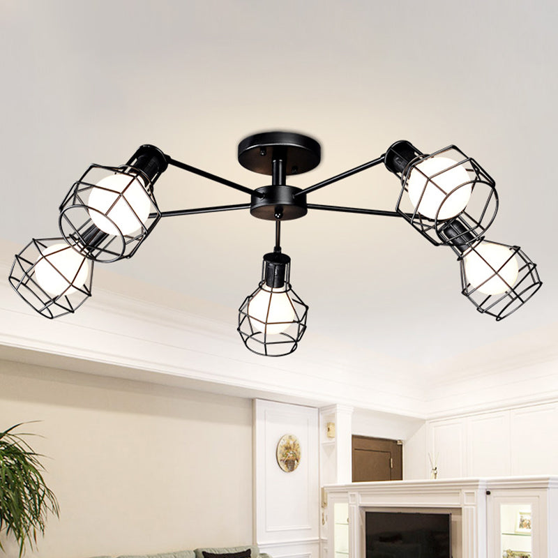 Vintage Wire Framed Metal Ceiling Lights with Adjustable Heads for Bedroom - Available in 3/5/8 Heads and Black Finish