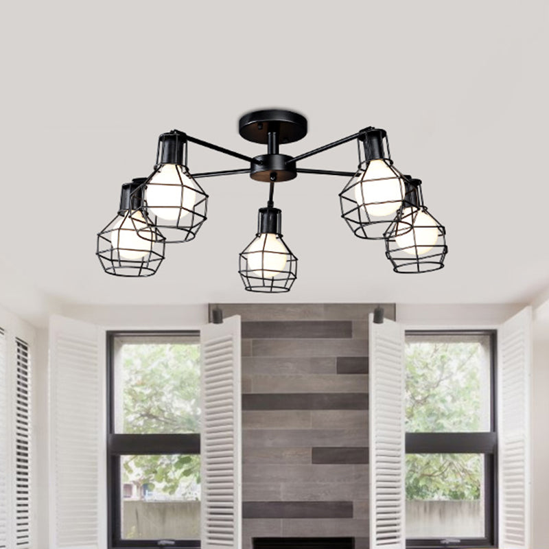 Vintage Wire Framed Metal Ceiling Lights with Adjustable Heads for Bedroom - Available in 3/5/8 Heads and Black Finish