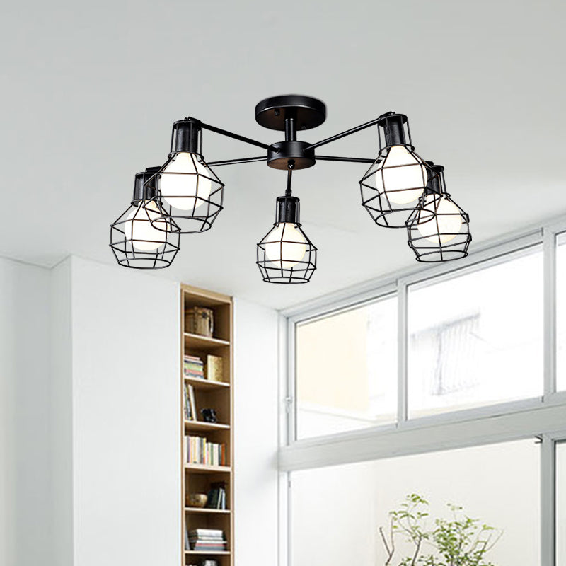 Vintage Wire Framed Metal Ceiling Lights with Adjustable Heads for Bedroom - Available in 3/5/8 Heads and Black Finish