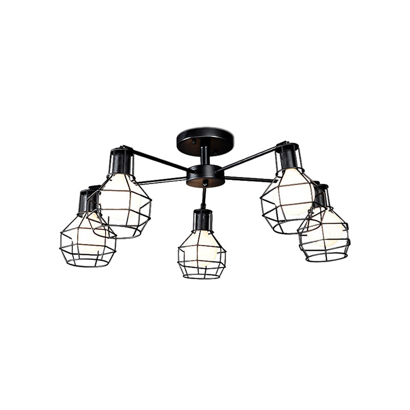 Vintage Wire Framed Metal Ceiling Lights with Adjustable Heads for Bedroom - Available in 3/5/8 Heads and Black Finish