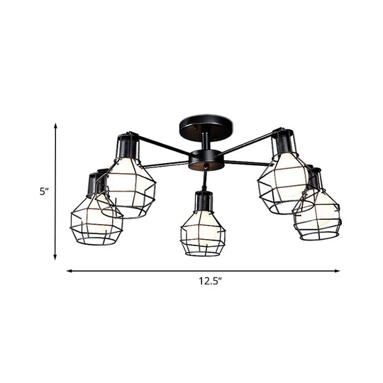 Vintage Wire Framed Metal Ceiling Lights with Adjustable Heads for Bedroom - Available in 3/5/8 Heads and Black Finish