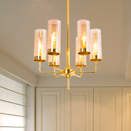 Blue/Amber Glass Cylinder Chandelier - 6/10 Lights In Gold For Modern Living Room