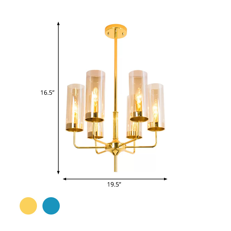 Blue/Amber Glass Cylinder Chandelier - 6/10 Lights In Gold For Modern Living Room