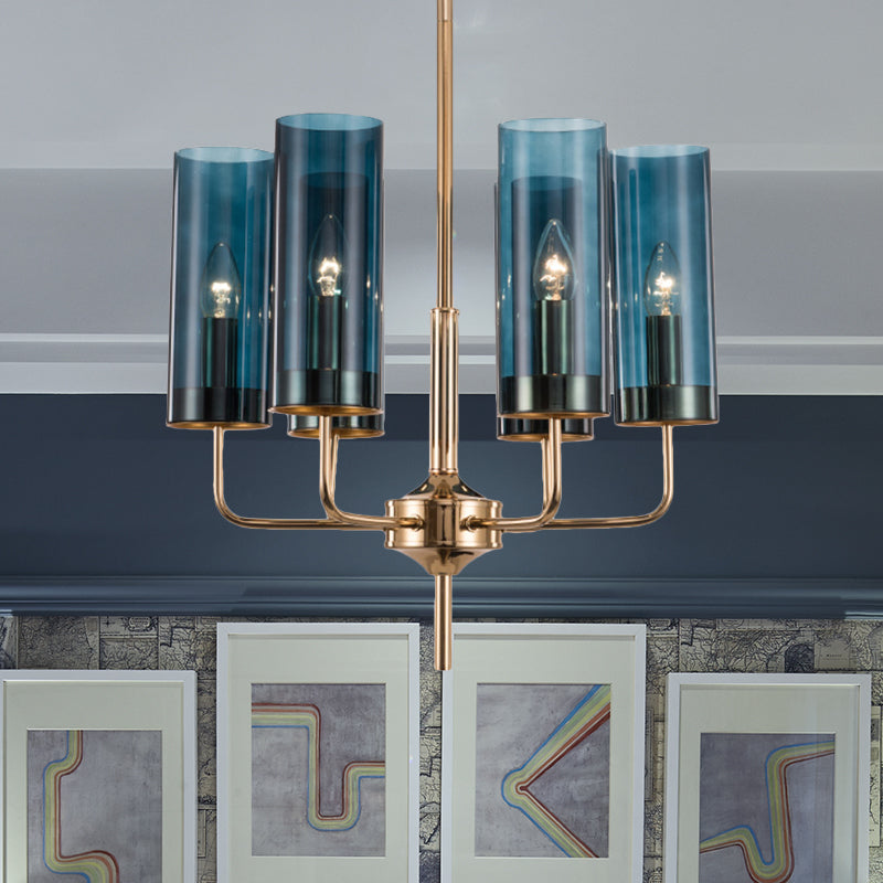 Blue/Amber Glass Cylinder Chandelier - 6/10 Lights In Gold For Modern Living Room