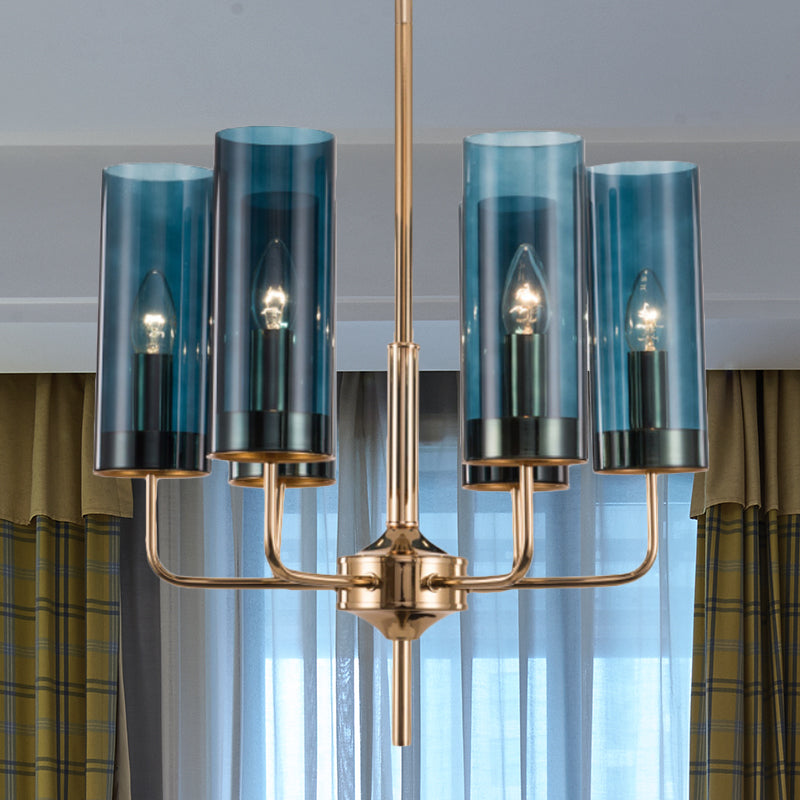 Blue/Amber Glass Cylinder Chandelier - 6/10 Lights In Gold For Modern Living Room