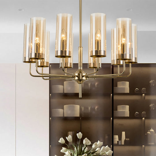 Blue/Amber Glass Cylinder Chandelier - 6/10 Lights In Gold For Modern Living Room