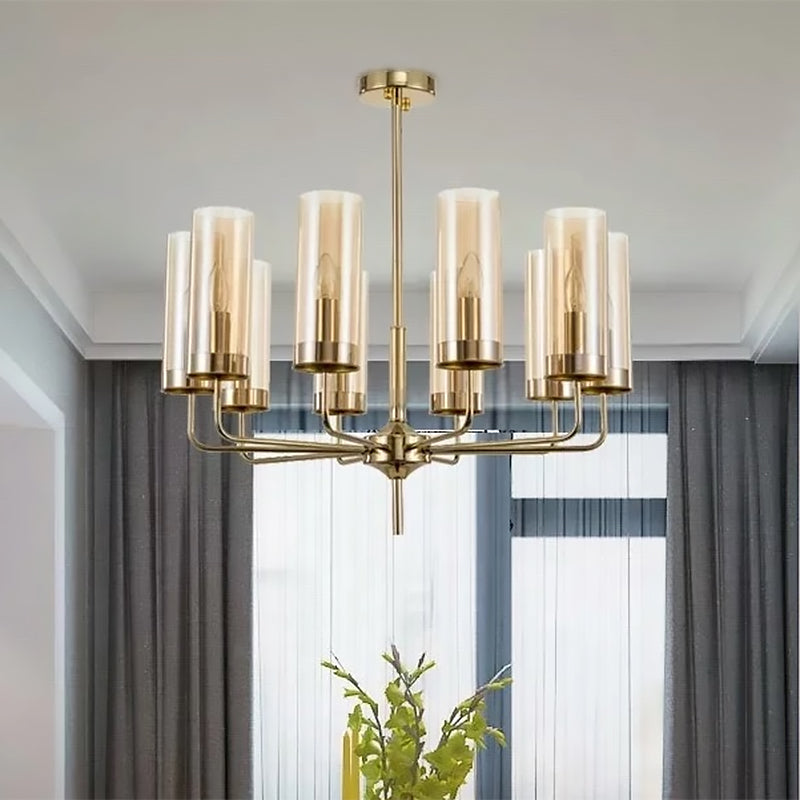 Blue/Amber Glass Cylinder Chandelier - 6/10 Lights In Gold For Modern Living Room