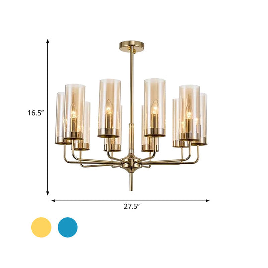 Blue/Amber Glass Cylinder Chandelier - 6/10 Lights In Gold For Modern Living Room