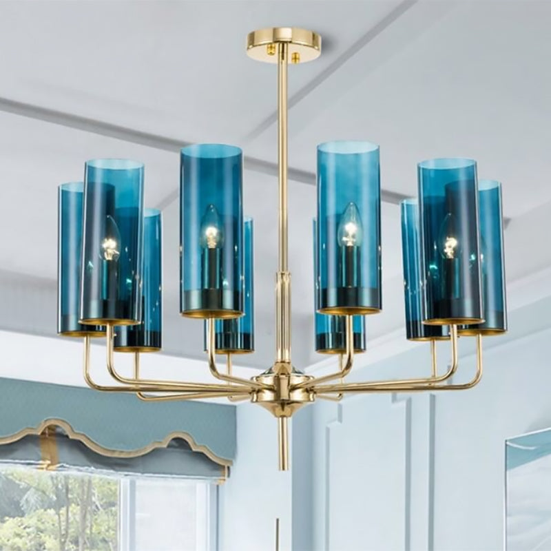 Blue/Amber Glass Cylinder Chandelier - 6/10 Lights In Gold For Modern Living Room