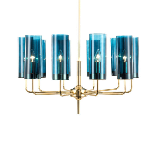 Blue/Amber Glass Cylinder Chandelier - 6/10 Lights In Gold For Modern Living Room