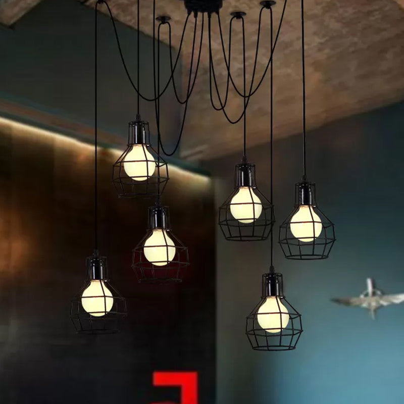 Industrial Spider Pendant Light - 6 Bulbs Black/Gold Iron Wire Guard Dining Room Ceiling Lamp Black