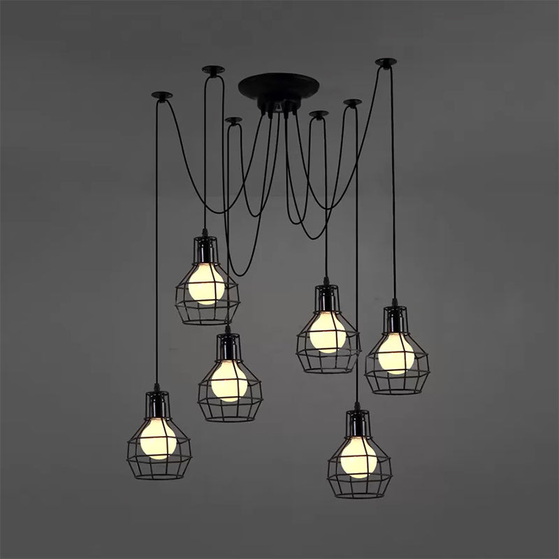 Industrial Spider Pendant Light - 6 Bulbs Black/Gold Iron Wire Guard Dining Room Ceiling Lamp