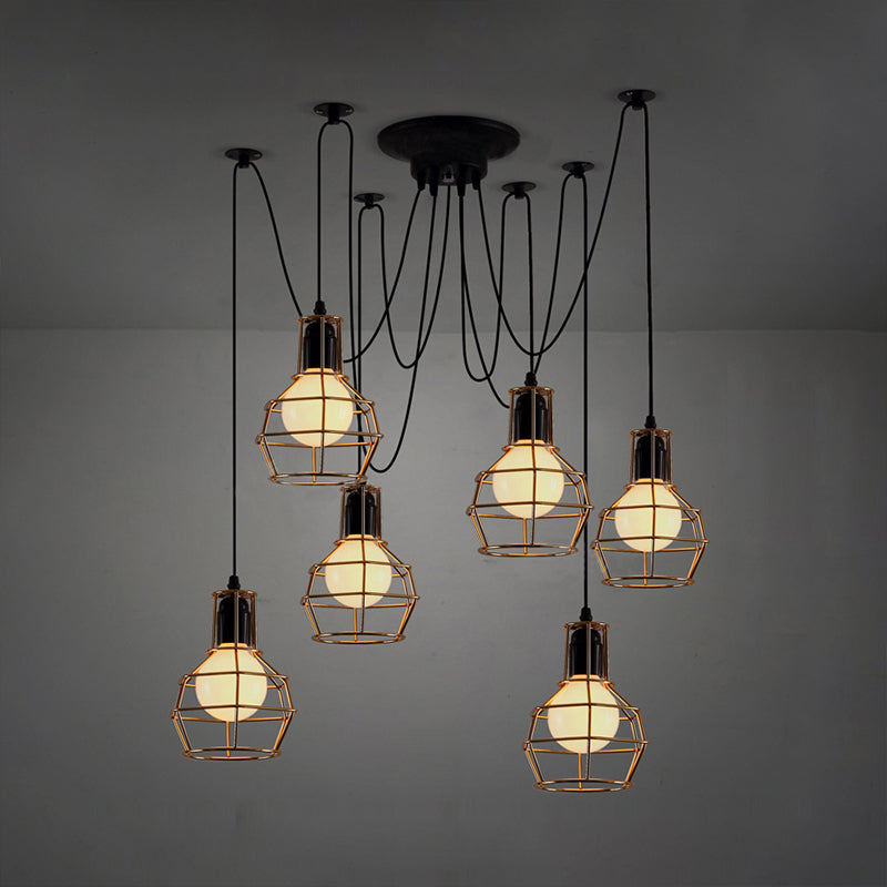 Industrial Spider Pendant Light - 6 Bulbs Black/Gold Iron Wire Guard Dining Room Ceiling Lamp Gold