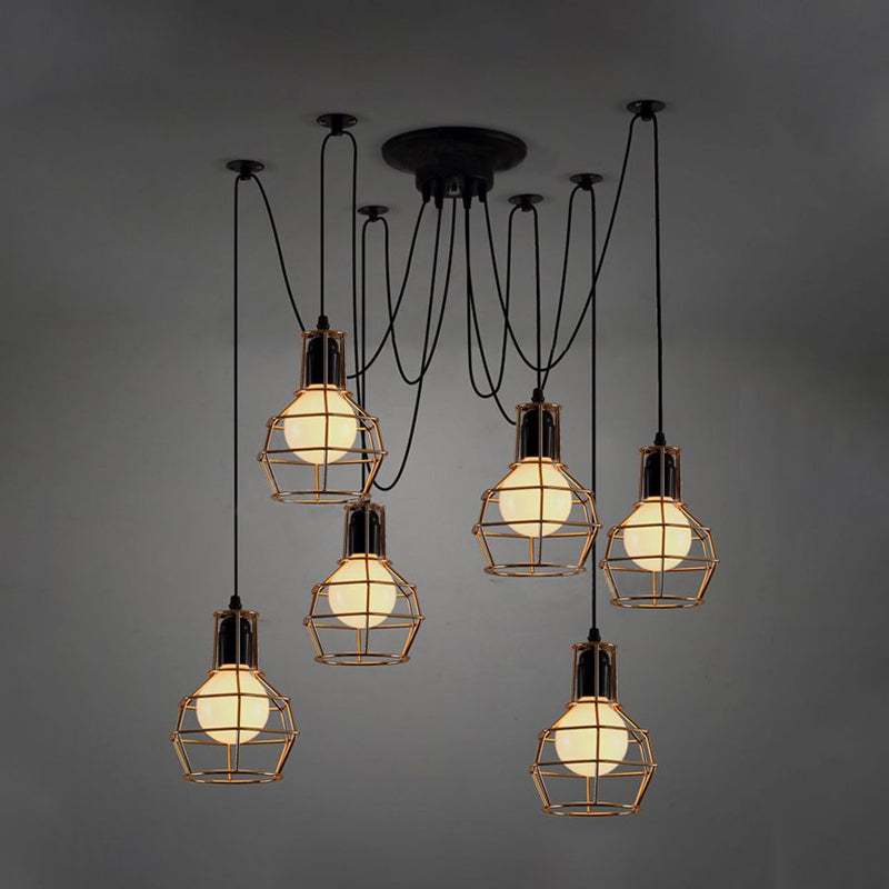 Industrial Style Spider Pendant Hanging Light - 6 Bulbs, Black/Gold Iron, Dining Room Ceiling Lamp